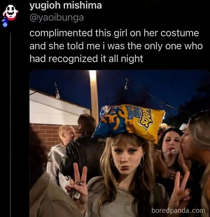 Relatable internet memes screenshot of a woman wearing a bag of Cheetos on her head at a party