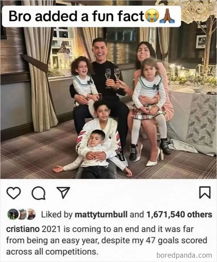 Viral internet memes screenshot of Cristiano Ronaldo post with family and funny text