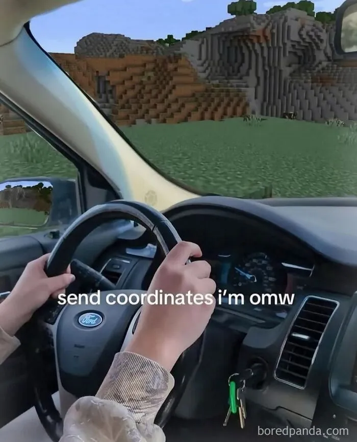Hilarious internet memes showing a POV shot from inside a car driving into a Minecraft landscape.