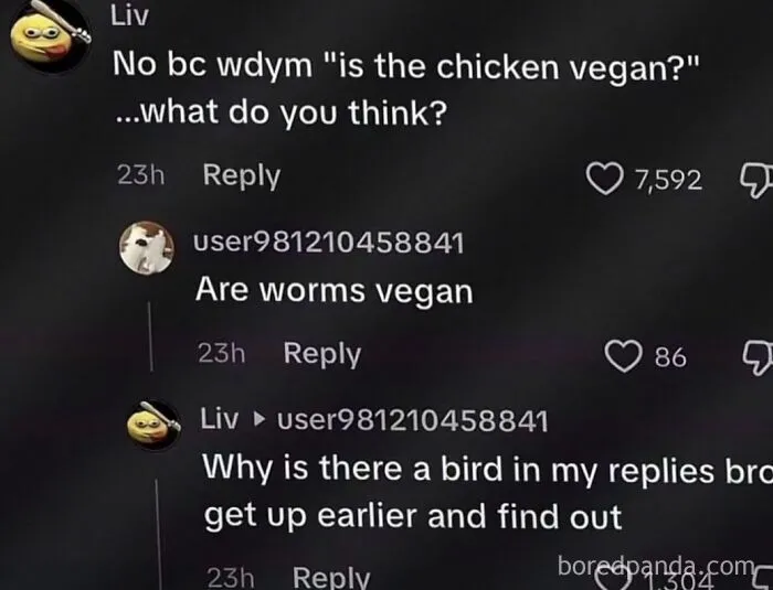 Funny internet memes showcasing a screenshot of funny social media comments about vegan chicken and worms.