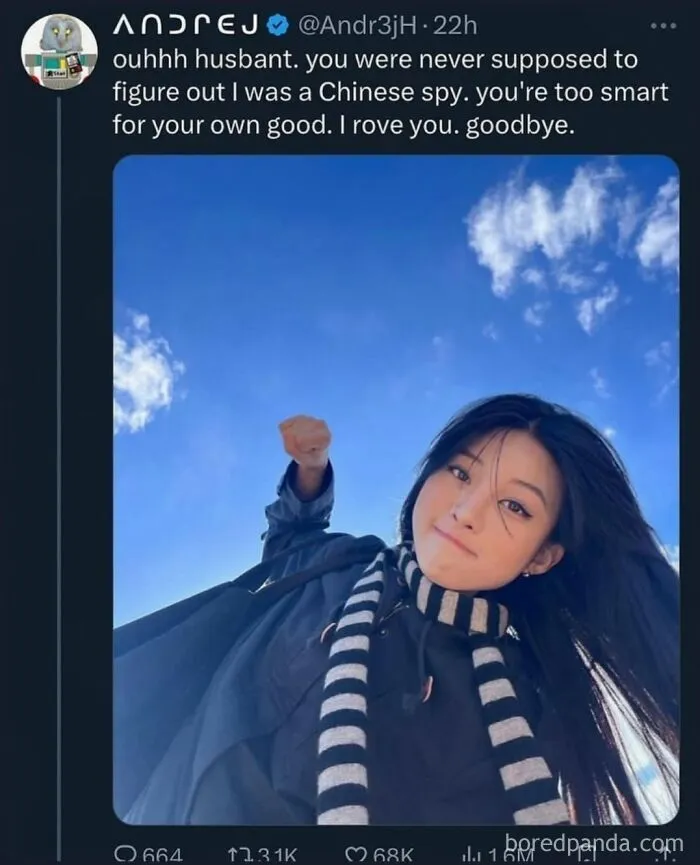 Funny internet memes showing a social media post with a woman flying against a blue sky like a superhero.