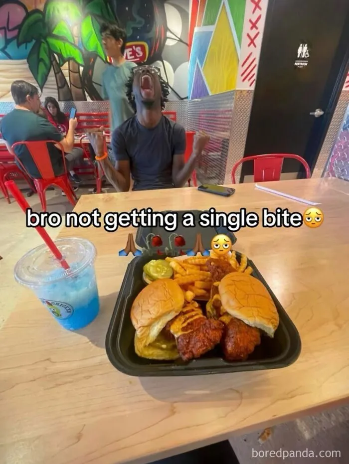Funny food memes showing someone screaming while watching a friend eat.