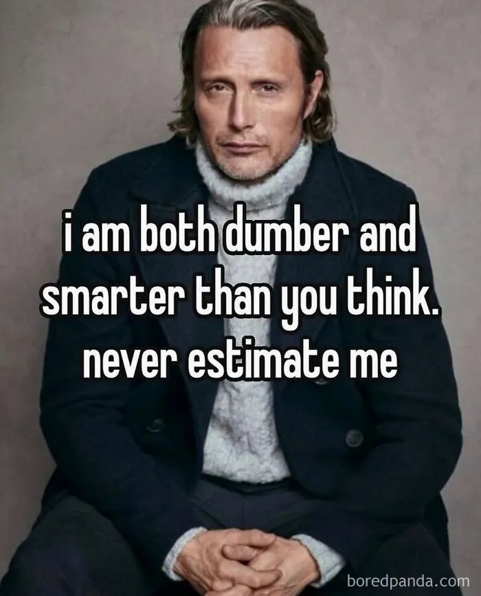 Funny internet memes with Mads Mikkelsen and text stating never estimate me.