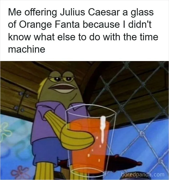 SpongeBob character offering soda meme representing one thought too many about time travel.