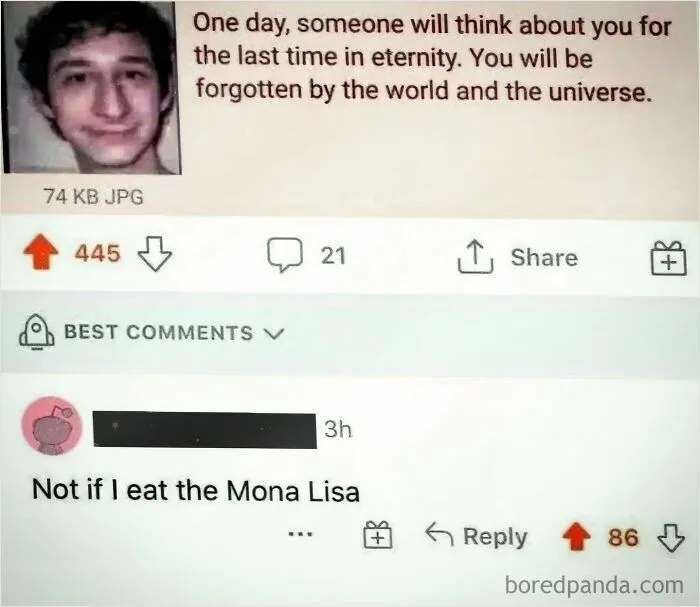 A funny internet meme post about being forgotten unless eating the Mona Lisa