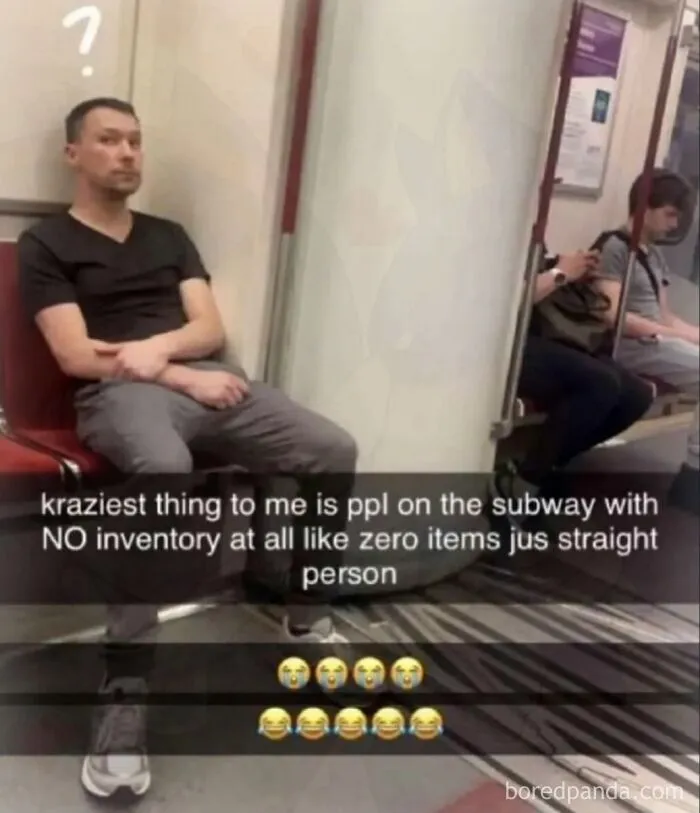 A funny internet meme featuring a man sitting on the subway with no bags or items