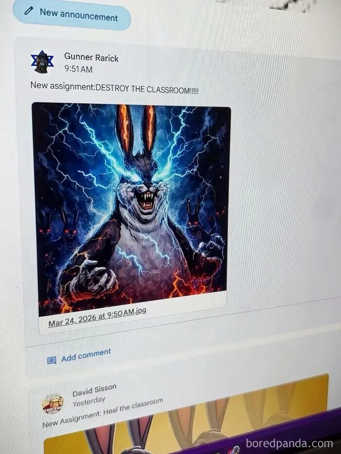 Absurd memes featuring a chaotic rabbit in an online classroom post.