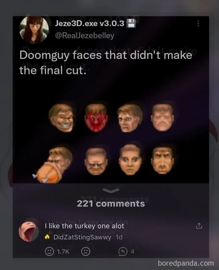 Funny internet memes showing cut Doomguy character pixel faces with funny expressions