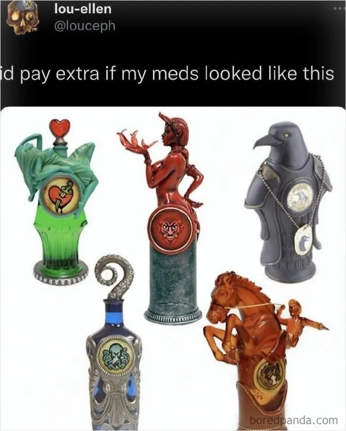 Funny memes about fancy fantasy medicine bottles with statues on top.