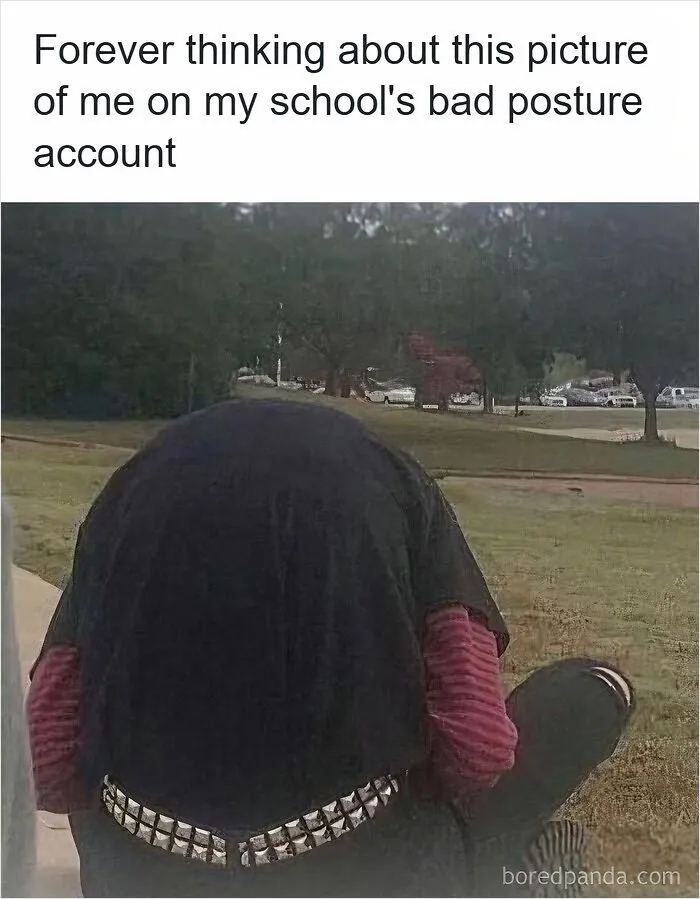 Funny meme of a person slumping over with extreme bad posture on a lawn.