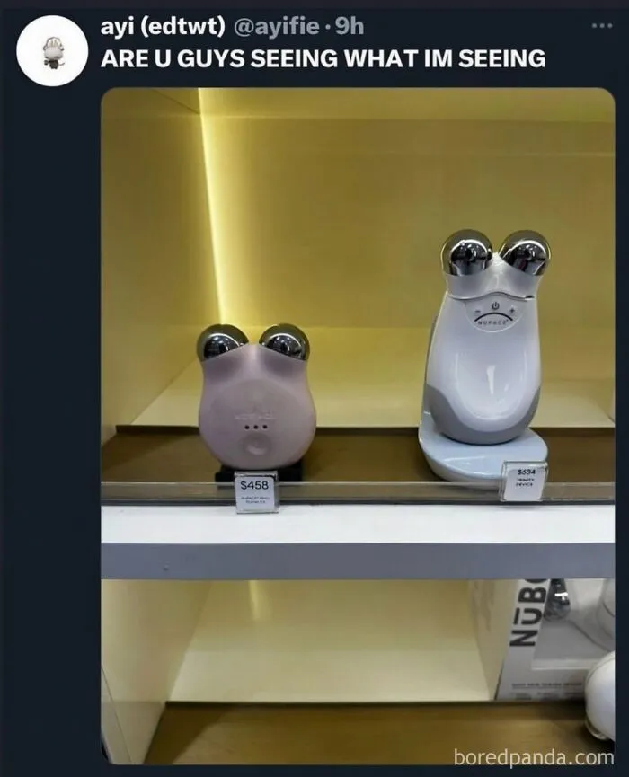 Funny internet memes showing facial toning devices on display shelves