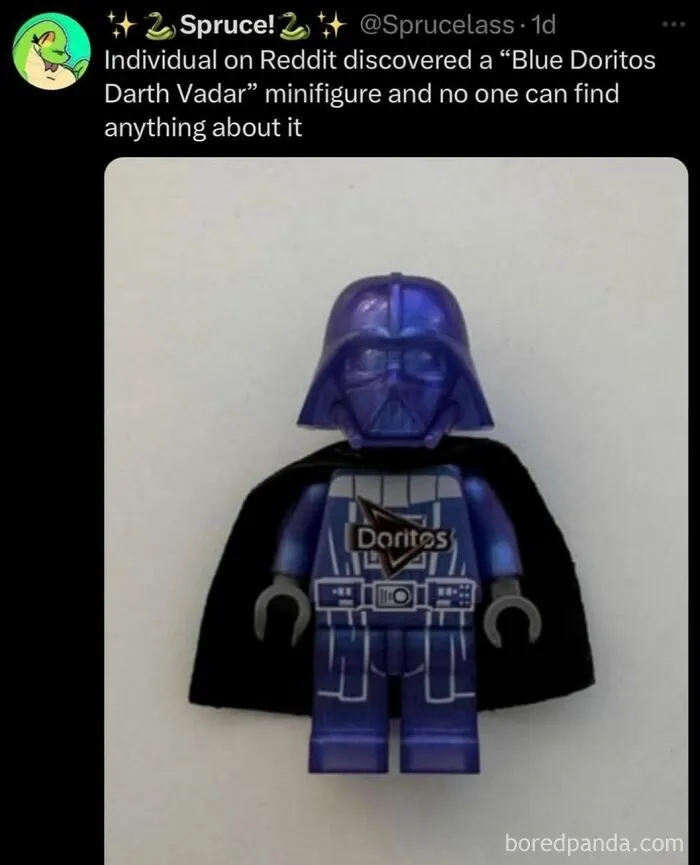 Funny memes showing a rare blue Doritos Darth Vader Lego minifigure shared online.
