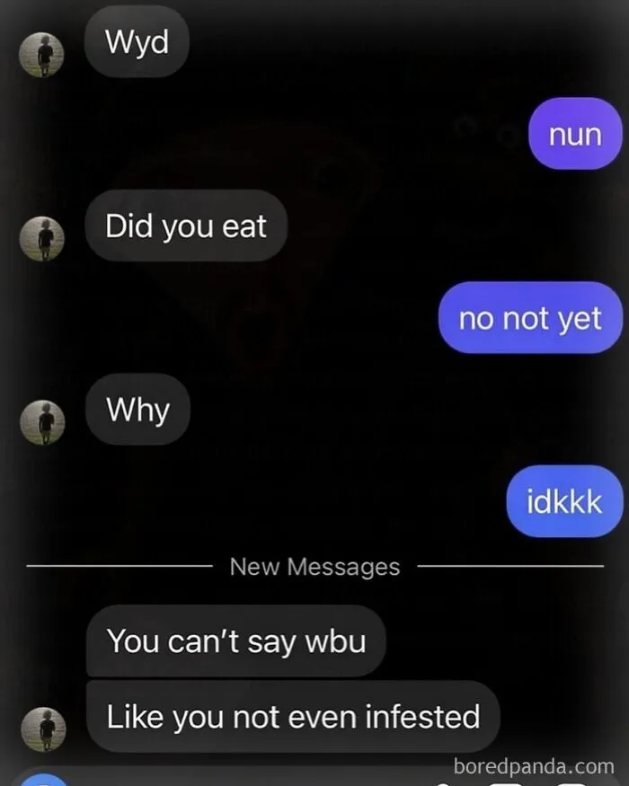 Relatable internet memes featuring a screenshot of an absurd text message exchange about not being infested.