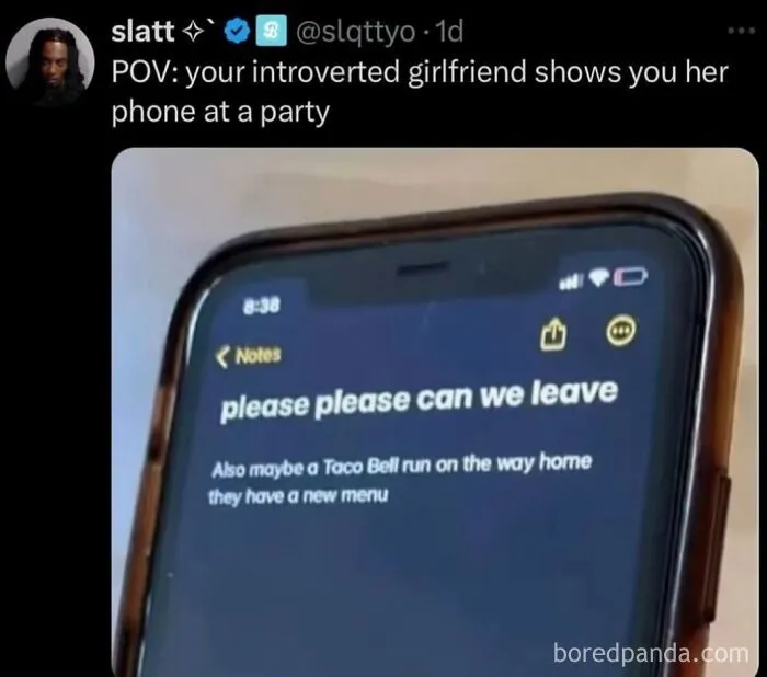 Relatable memes text post showing a phone note from an introverted girlfriend at a party.