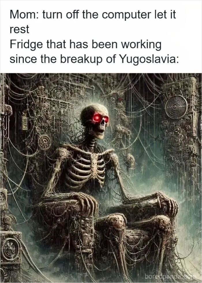 Hilarious memes featuring a skeletal sci-fi figure connected to wires in a dark room.