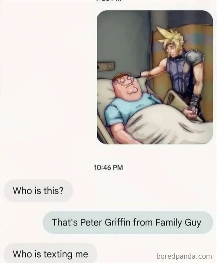 Text conversation funny memes showing Cloud Strife beside Peter Griffin in a hospital bed.
