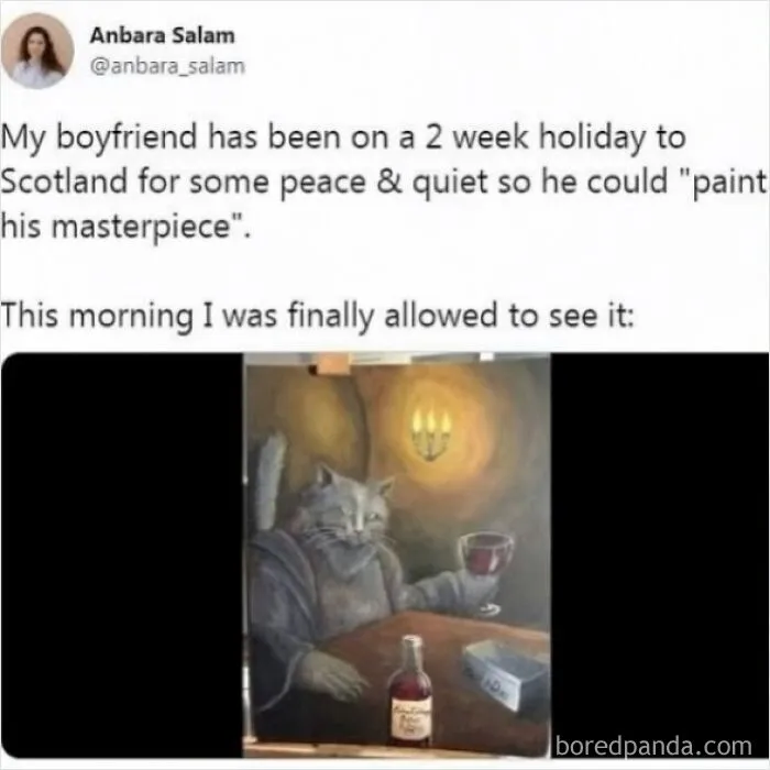 Hilarious memes tweet showing a painting of a sophisticated cat drinking wine in a robe.