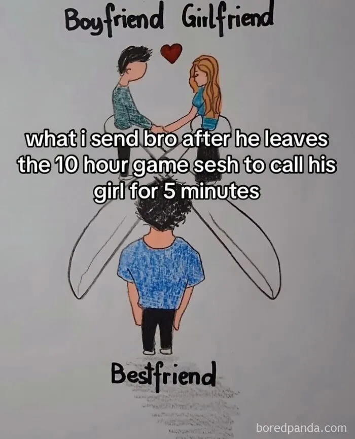 Funny internet memes drawing of scissors cutting off a best friend for a girlfriend.