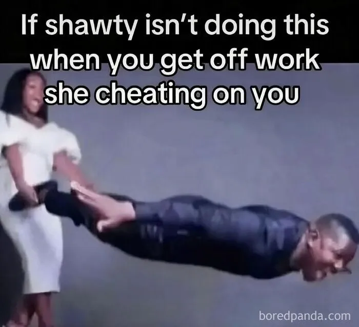 A funny internet meme about a woman holding up a floating man by his feet