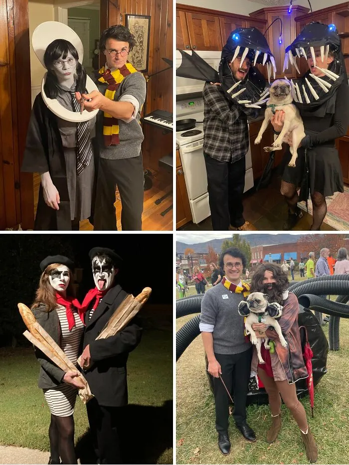 A collage of four creative and funny cool Halloween couples costumes ideas