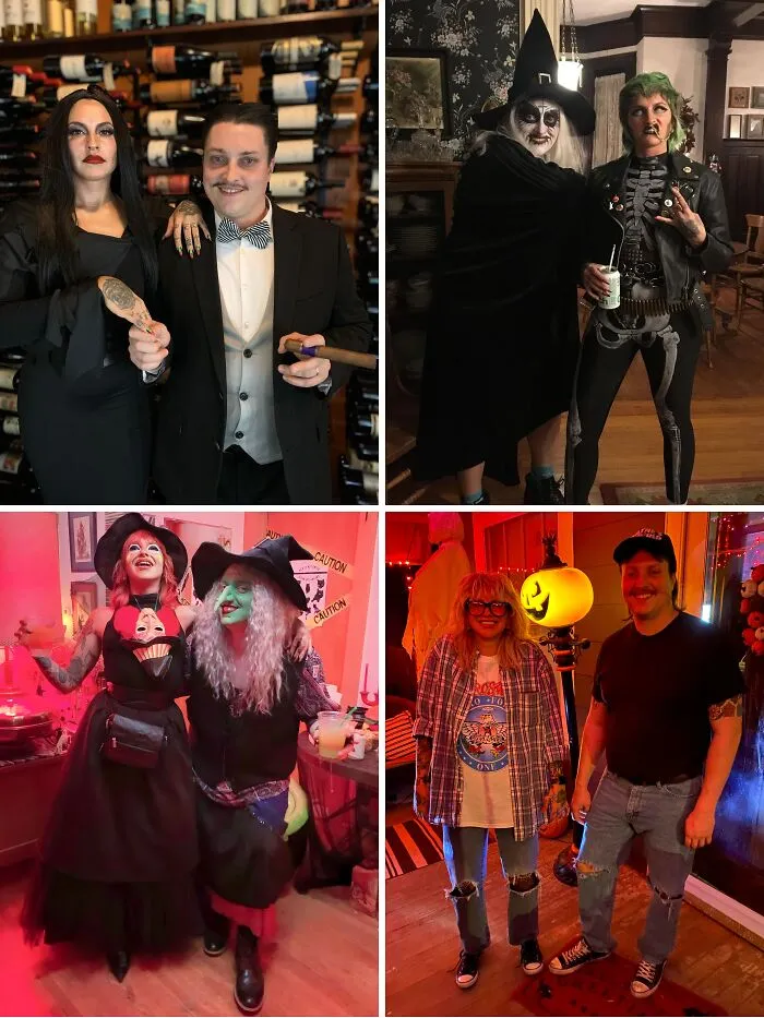 Four photo grid showing various funny cool Halloween couples costumes like Morticia and Gomez Addams.