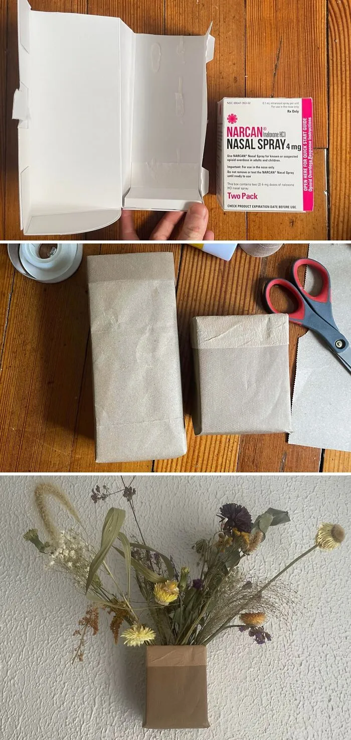 Repurposed medication box used as a vase demonstrates creative frugal tips