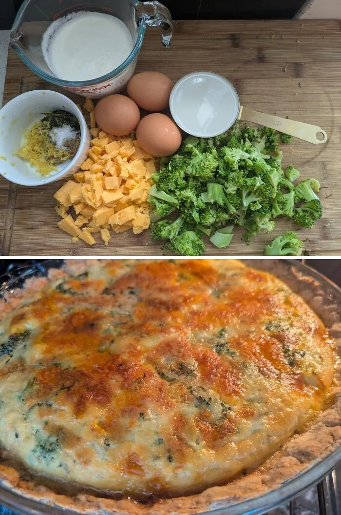 Fresh ingredients and baked quiche illustrating frugal tips for cooking at home