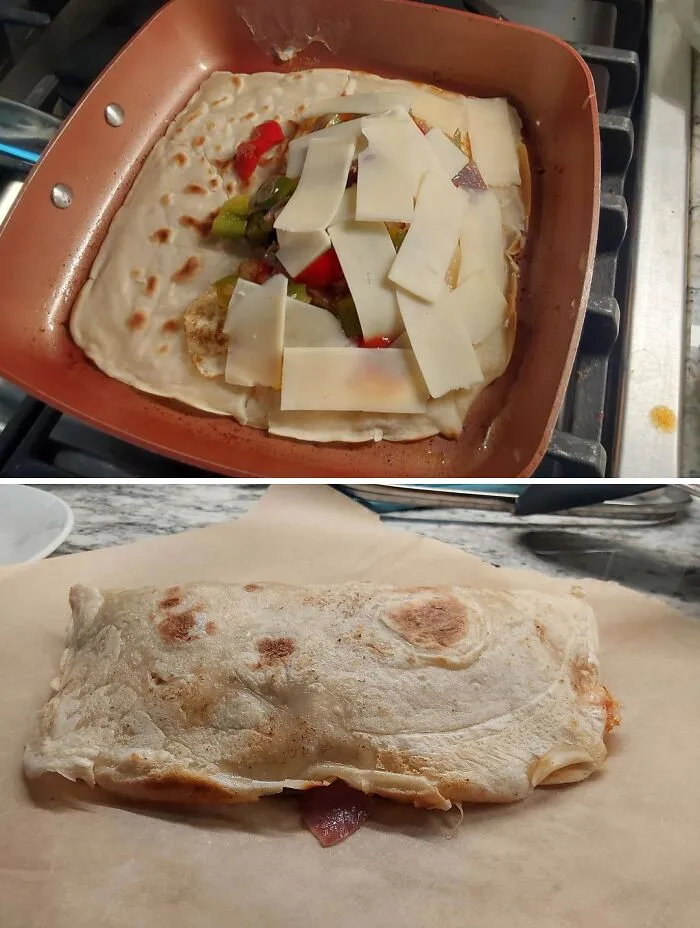 A homemade wrap cooked in a pan showing smart frugal tips for saving money on everyday meals