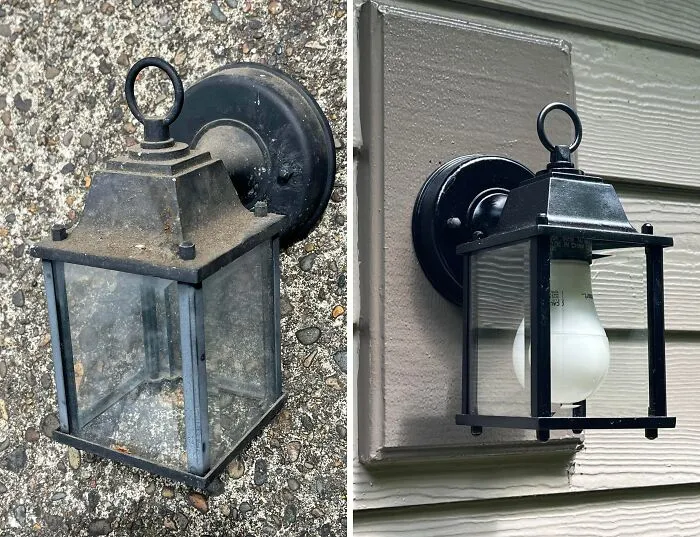 Side-by-side comparison of a dirty outdoor lamp restored using smart frugal tips.