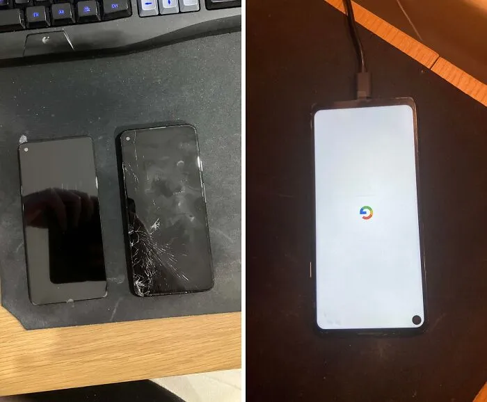 DIY smartphone repair next to broken parts illustrating practical frugal tips.