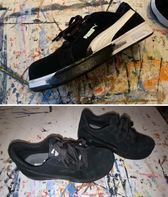 Before and after shot of black sneakers refreshed with paint, showing frugal tips for shoe care