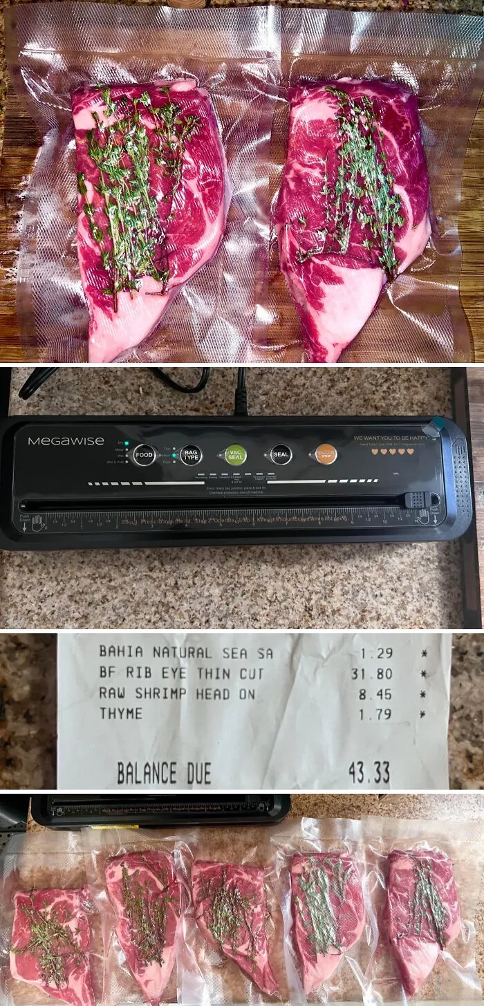 Vacuum sealing steaks with herbs shown as one of many frugal tips.