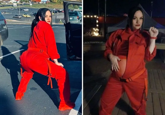 Pregnant woman dressed in a bold red jumpsuit showing creative Halloween costumes idea