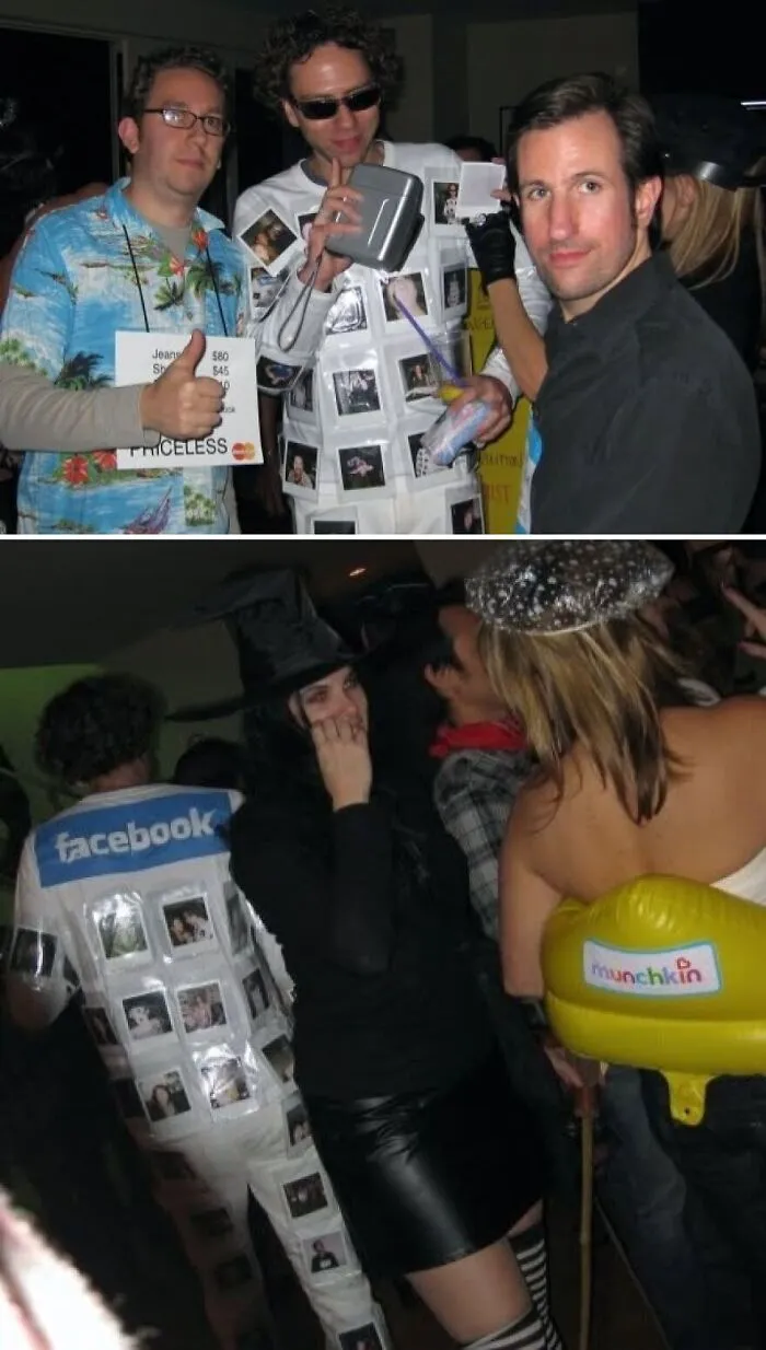 Partygoers wearing humorous early 2000s social media Halloween costumes.