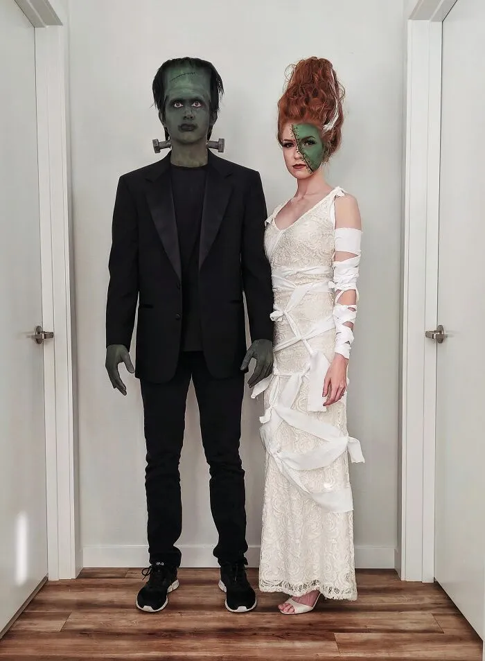 Cool Halloween couples costume featuring Frankenstein and the Bride of Frankenstein in classic monster makeup