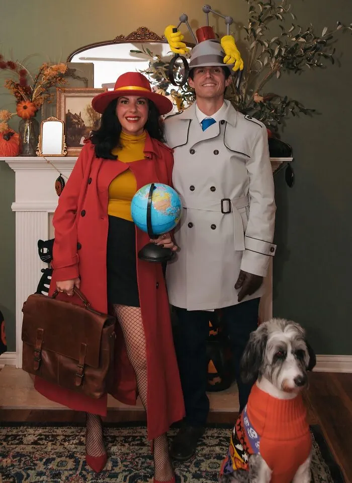 A couple and their dog dressed as Carmen Sandiego and Inspector Gadget for Halloween.