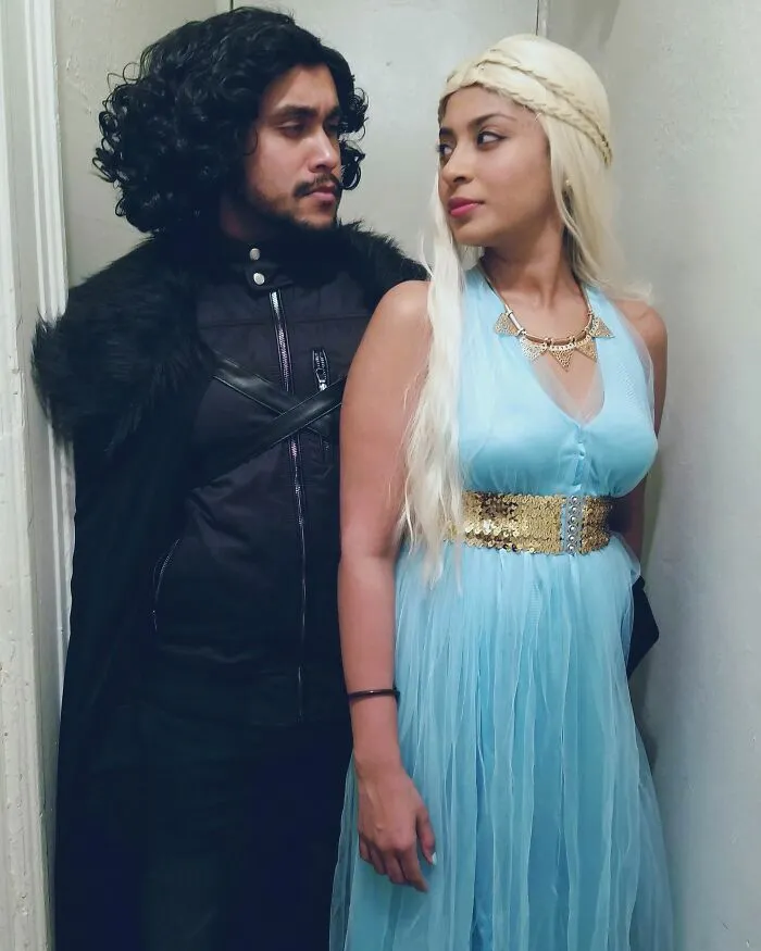 A man dressed as Jon Snow and a woman dressed as Daenerys Targaryen for Halloween couples costumes.