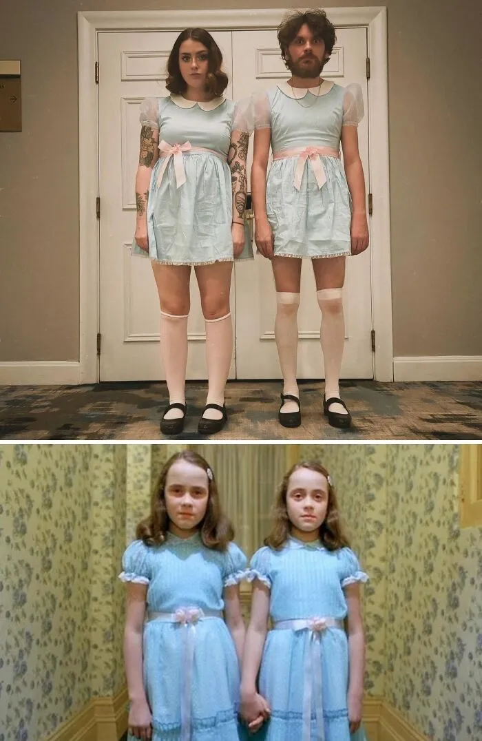 A man and woman dressed as the Shining twins for funny cool Halloween couples costumes