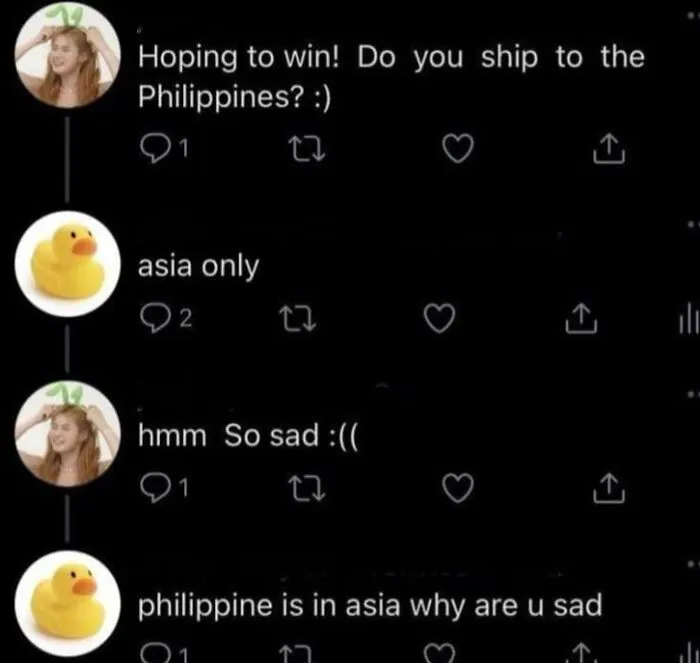 Screenshot of a funny online conversation where a user cleverly replied to a post about shipping to Asia.