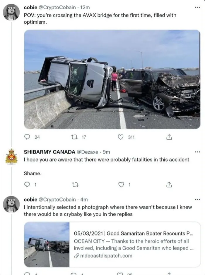 Twitter thread featuring someone who cleverly replied to a post accusing them about a car crash photo.