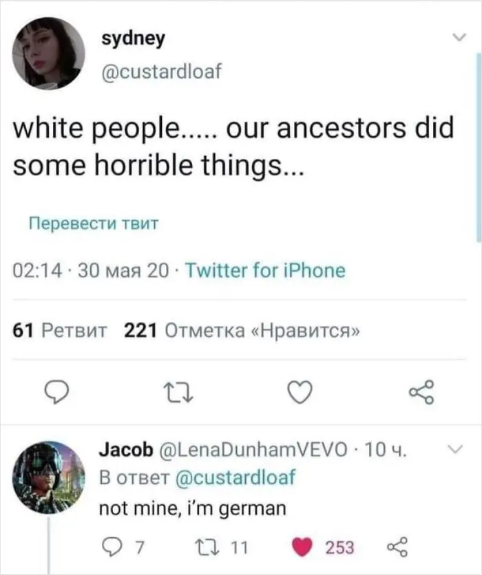Cleverly replied tweet about ancestors, with a witty user response highlighting funny historical sarcasm.