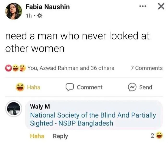 A funny Facebook exchange where someone replied to a post asking for a faithful man with a link to a blind society.