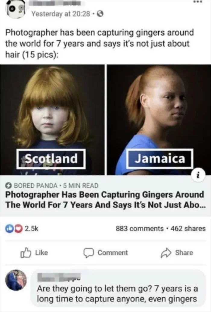 Hilarious reply to a post about a photography project on redheads.