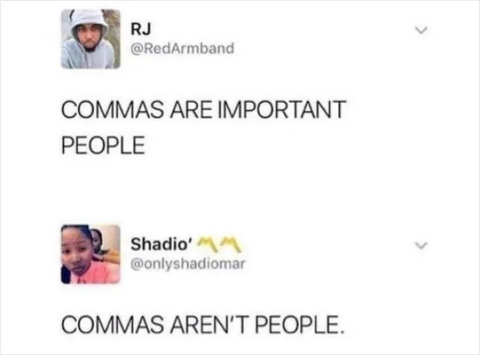 Funny Twitter interaction featuring a clever post reply about grammar and commas.