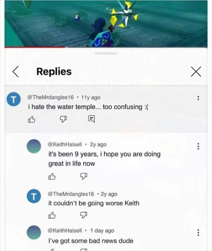 A screenshot showing someone who replied to a post cleverly on YouTube about a video game water temple.