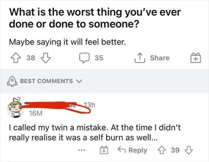 A humorous Reddit comment where a user replied to a post about bad deeds by sharing a witty self-burn about their twin.