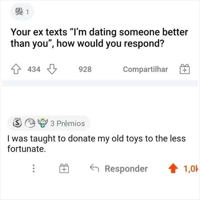 A Reddit thread where someone cleverly replied to a post about exes and dating.