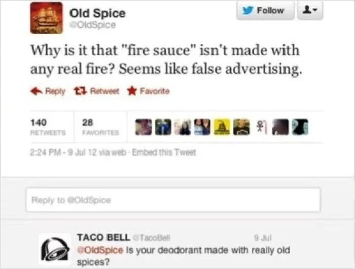 Funny Twitter exchange between Old Spice and Taco Bell where someone replied to a post cleverly.