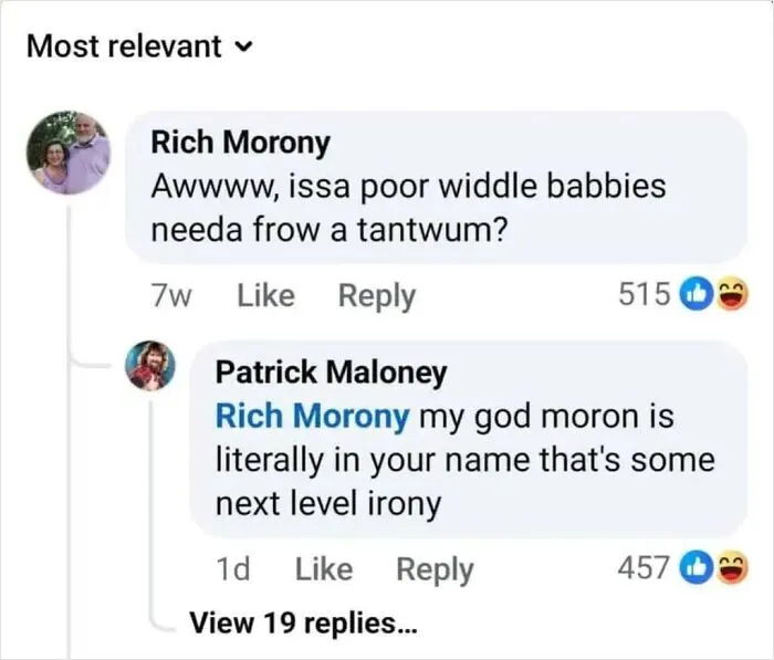 Facebook comment exchange demonstrating how someone replied to a post cleverly pointing out a username irony.