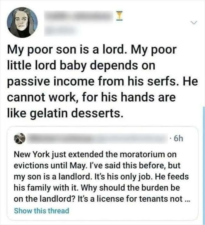 Social media screenshot showing a person who cleverly replied to a post about landlords.